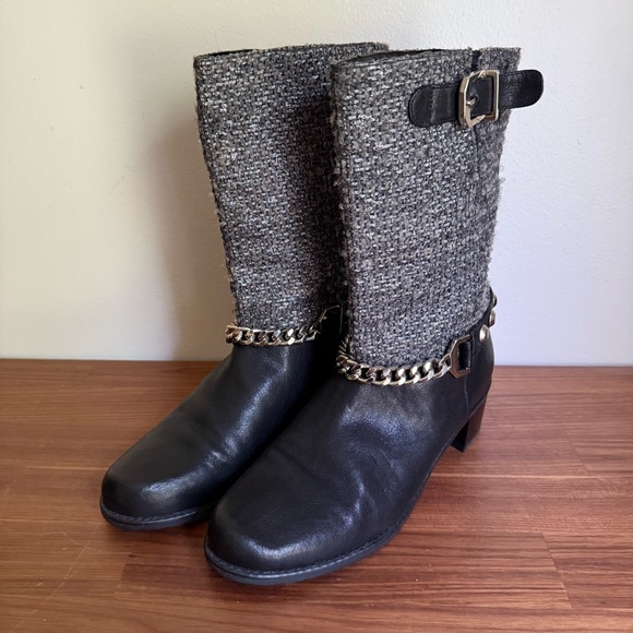 NWOB STUART WEITZMAN CityLink Motorcycle Woven Tweed Chain Boots Silver Black, 7 - Picture 3 of 15